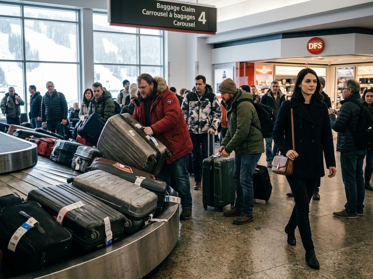 Travelers struggling with oversized suitcases at a snowy airport baggage claim while one woman walks past with a single shoulder bag
