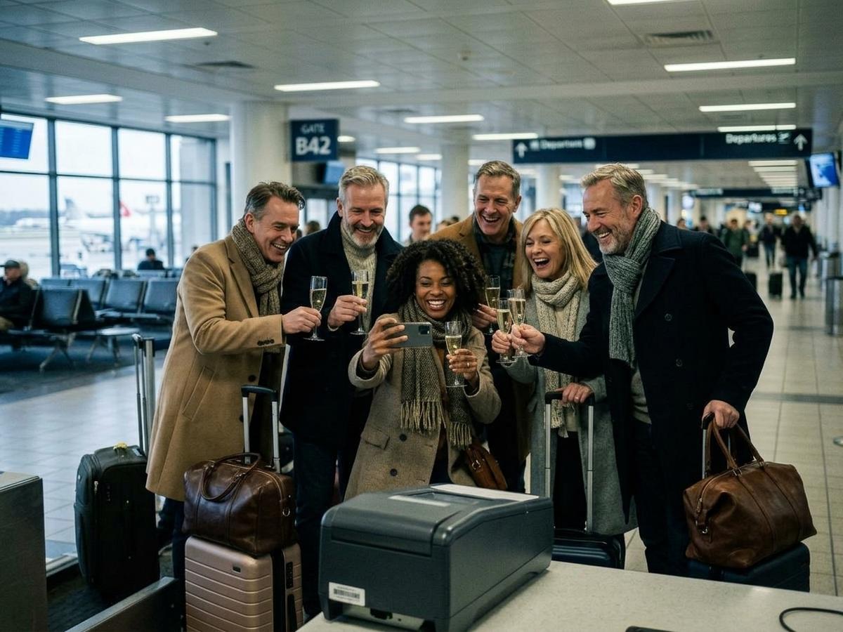 A group of couples toasting with champagne at an airport gate, posing for a social media photo