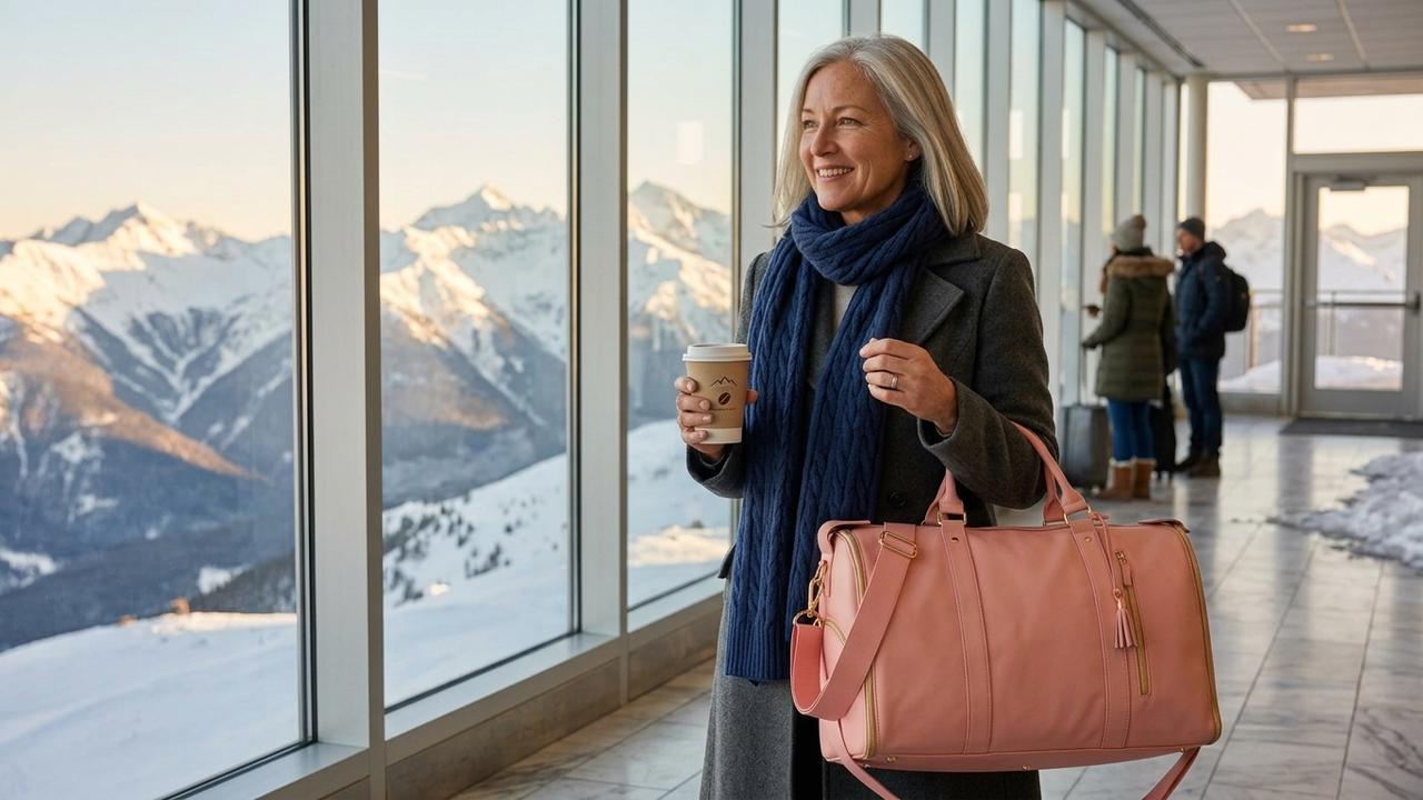 A woman in her fifties arriving at a snowy mountain airport, calm and confident, a latte in one hand and a rose pink travel bag on her shoulder
