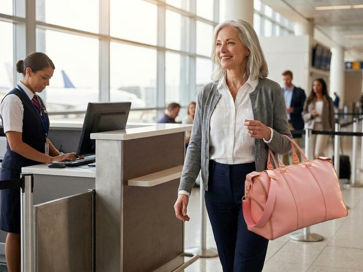 A confident woman in her fifties walking through the airport with the rose pink travel bag on her arm
