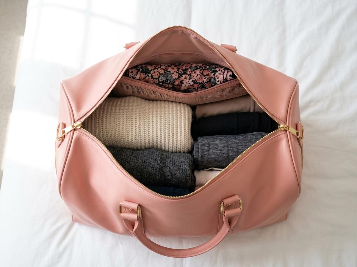 The rose pink travel bag open on a bed, packed with folded ski sweaters, thermals and a dress in the garment compartment