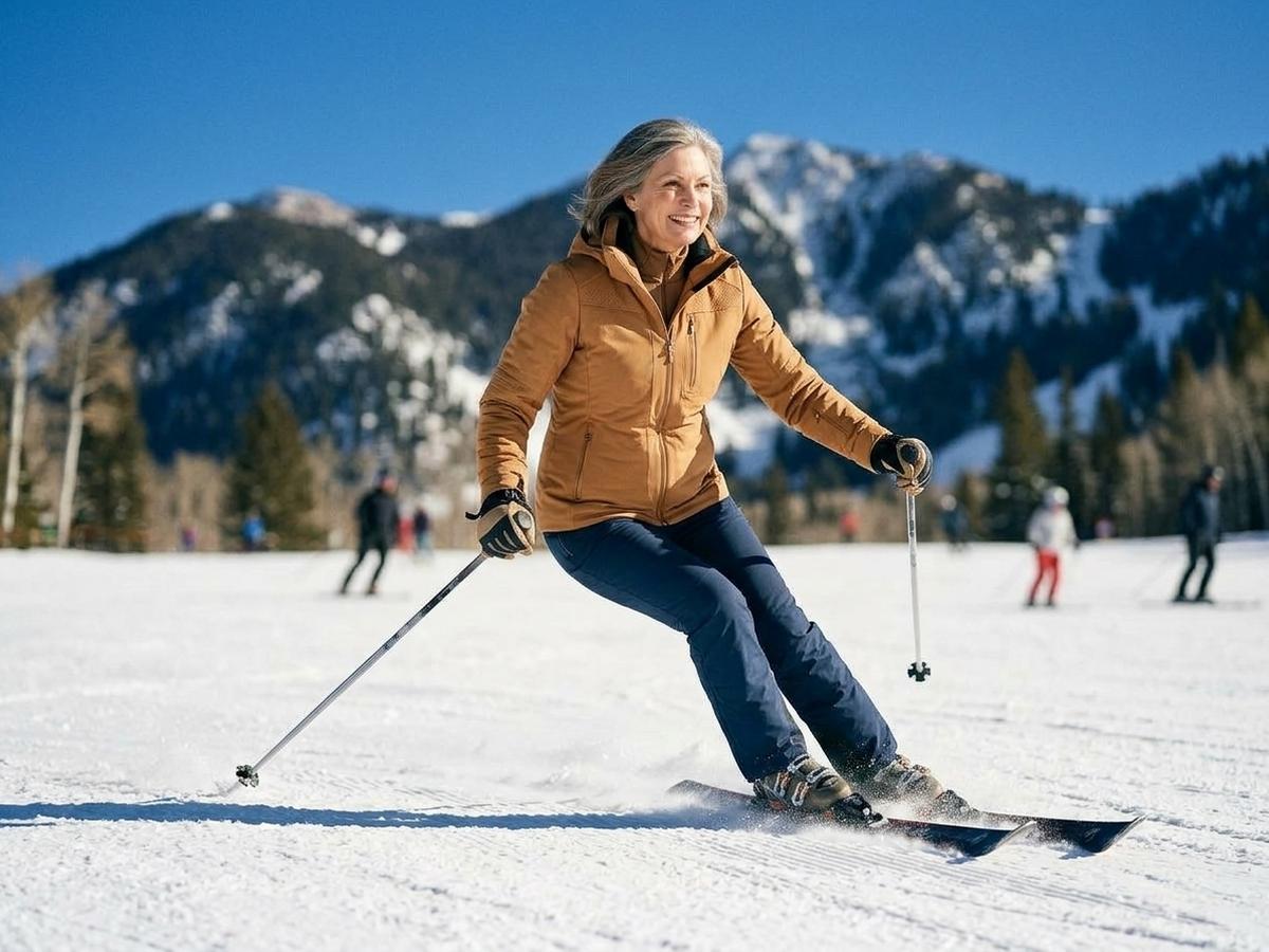 A woman in her fifties skiing confidently down an Aspen slope on a bright winter day
