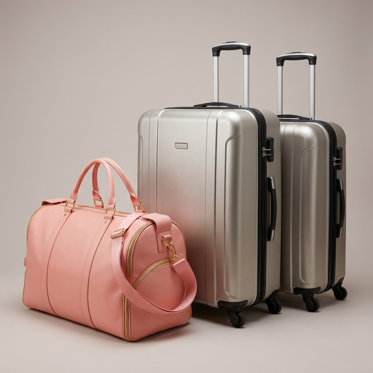 The rose pink Luhxe bag next to two bulky suitcases, showing how much smaller it packs